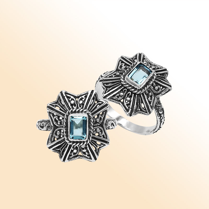 Sterling Silver Balinese Handcrafted Ring With Blue Topaz Quartz And Designer Detailing