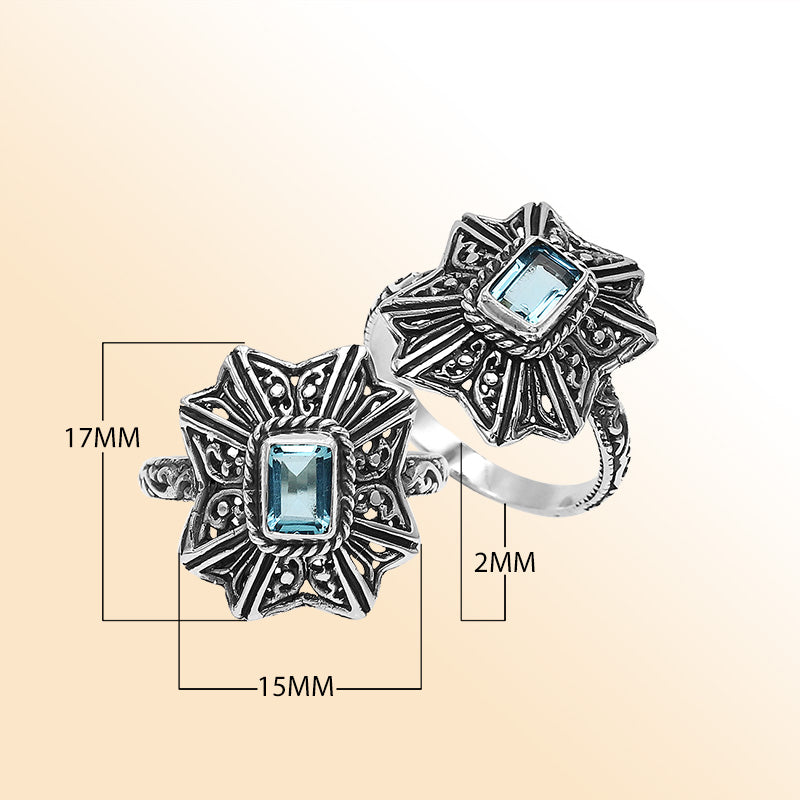 Sterling Silver Balinese Handcrafted Ring With Blue Topaz Quartz And Designer Detailing