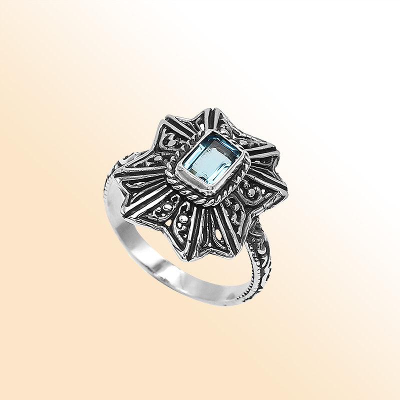 Sterling Silver Balinese Handcrafted Ring With Blue Topaz Quartz And Designer Detailing