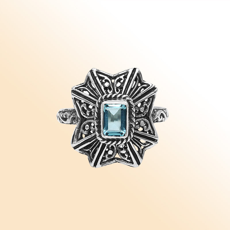 Sterling Silver Balinese Handcrafted Ring With Blue Topaz Quartz And Designer Detailing