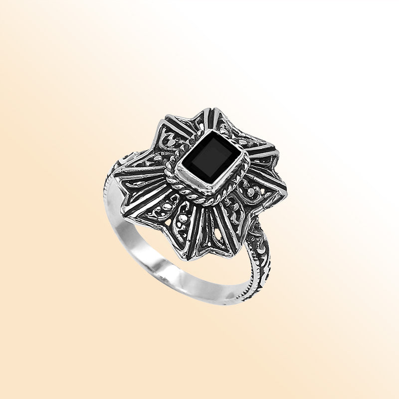 Sterling Silver Balinese Handcrafted Ring With Black Onyx And Designer Detailing