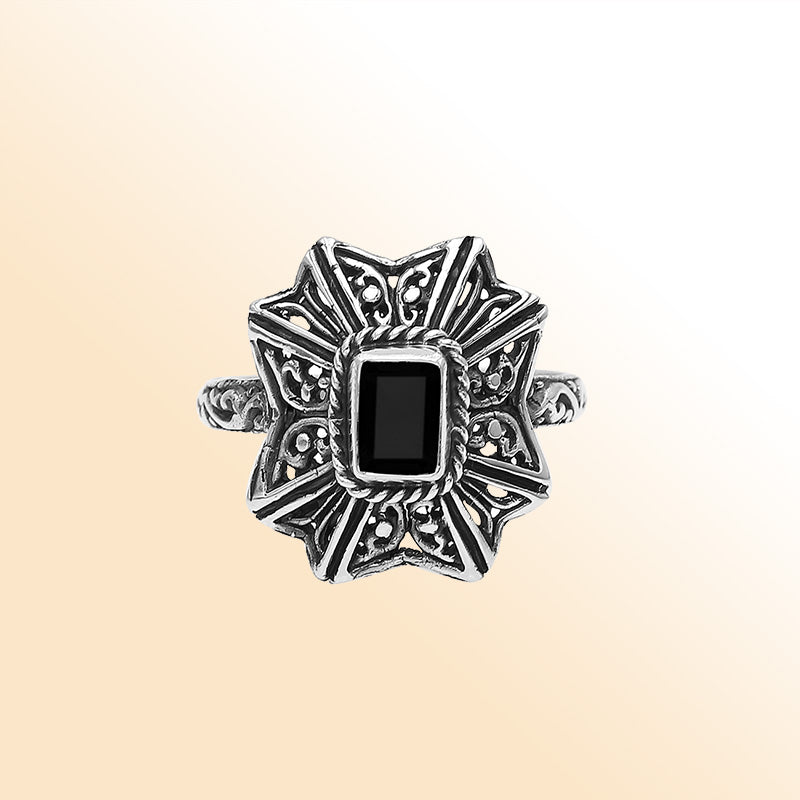 Sterling Silver Balinese Handcrafted Ring With Black Onyx And Designer Detailing
