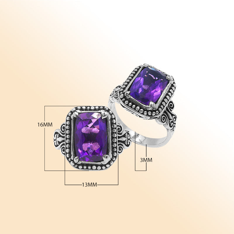 Sterling Silver Balinese Handcrafted Ring With Rectangular Amethyst Quartz And Designer Detailing