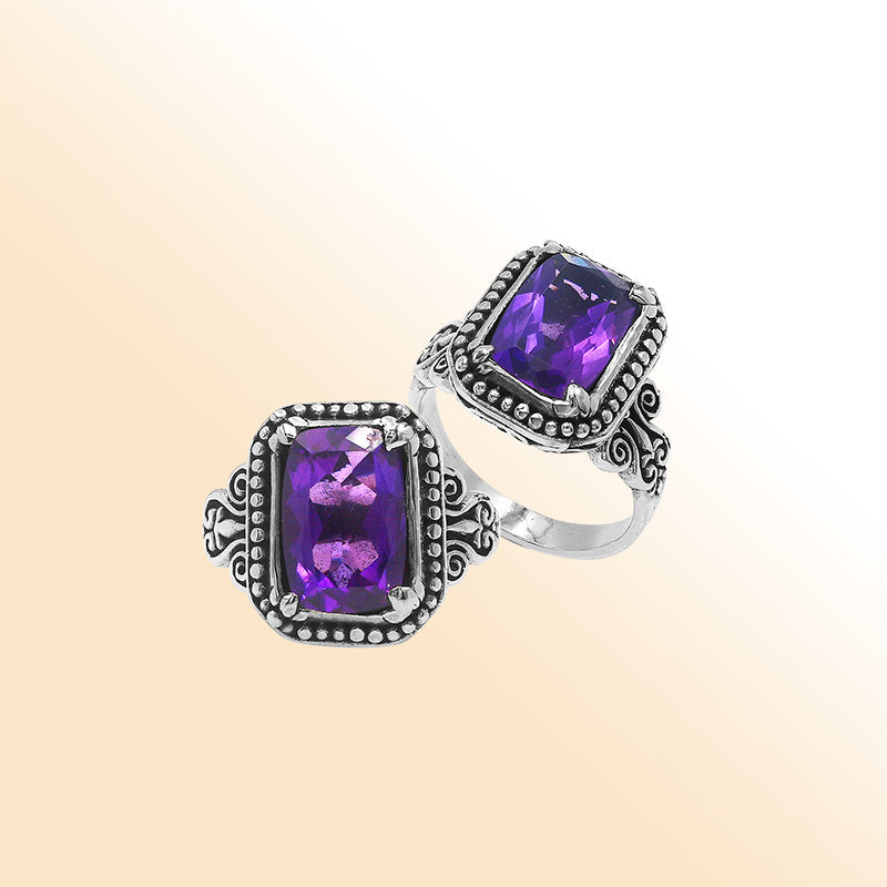 Sterling Silver Balinese Handcrafted Ring With Rectangular Amethyst Quartz And Designer Detailing