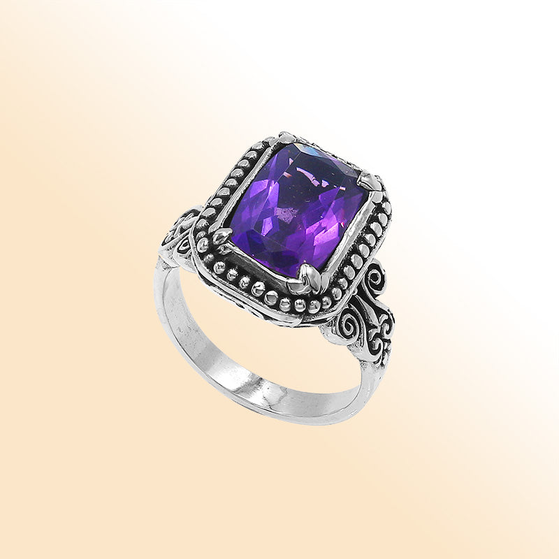Sterling Silver Balinese Handcrafted Ring With Rectangular Amethyst Quartz And Designer Detailing