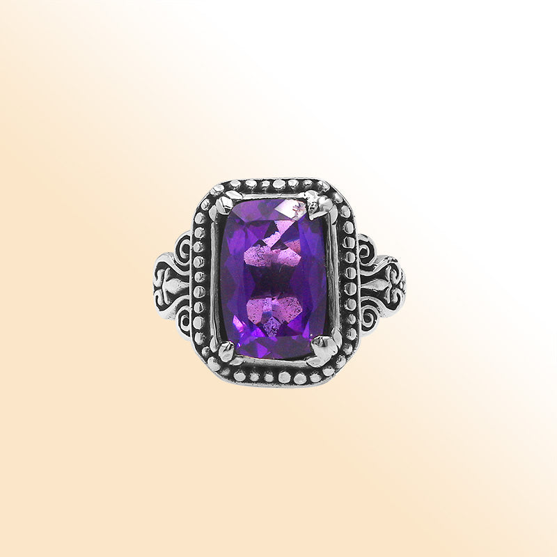 Sterling Silver Balinese Handcrafted Ring With Rectangular Amethyst Quartz And Designer Detailing