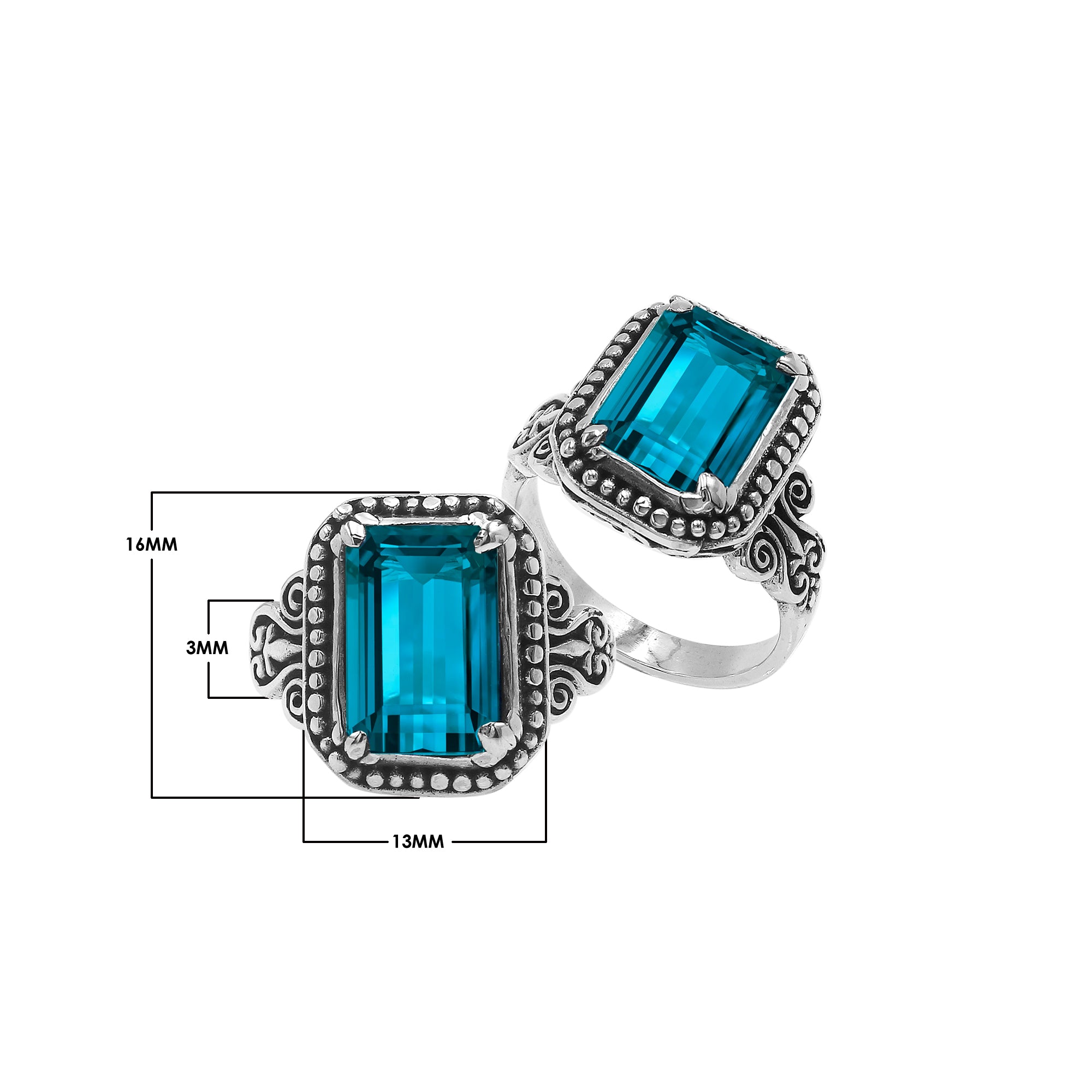 Sterling Silver Balinese Handcrafted Ring With Rectangular Blue Topaz Quartz And Designer Detailing