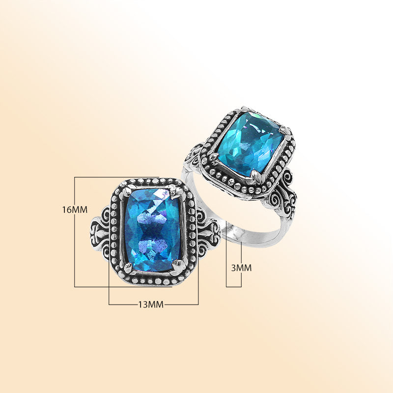 Sterling Silver Balinese Handcrafted Ring With Rectangular Blue Topaz Quartz And Designer Detailing
