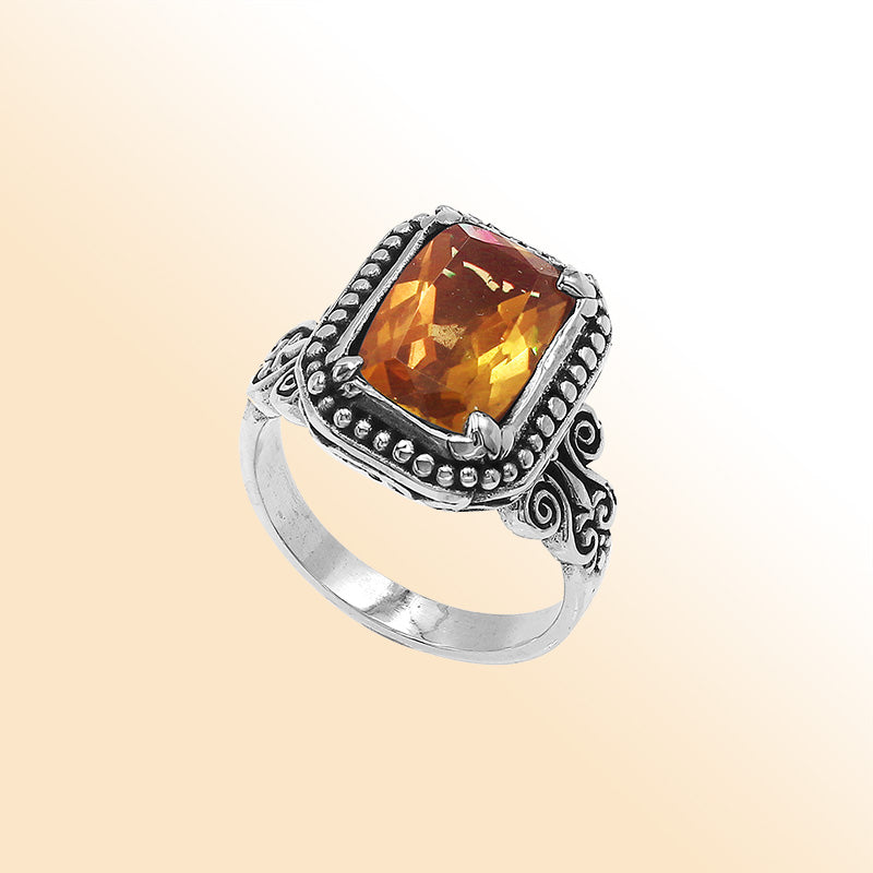 Sterling Silver Balinese Handcrafted Ring With Rectangular Citrine Quartz And Designer Detailing