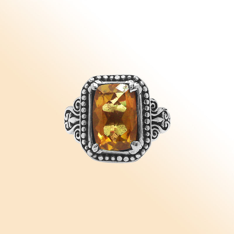 Sterling Silver Balinese Handcrafted Ring With Rectangular Citrine Quartz And Designer Detailing