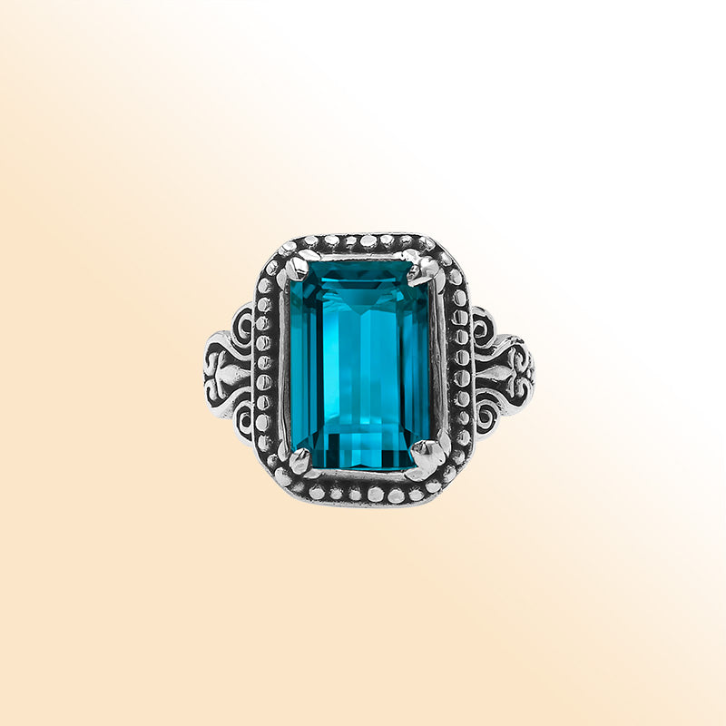 Sterling Silver Balinese Handcrafted Ring With Rectangular London Blue Topaz Quartz And Designer Detailing