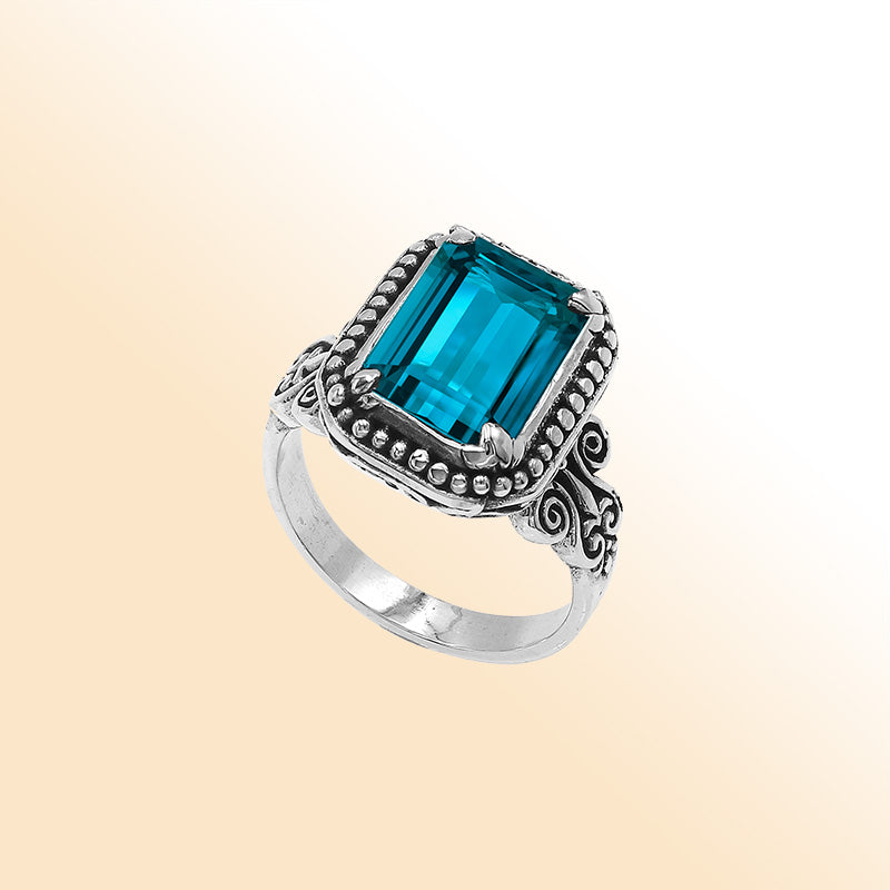 Sterling Silver Balinese Handcrafted Ring With Rectangular London Blue Topaz Quartz And Designer Detailing