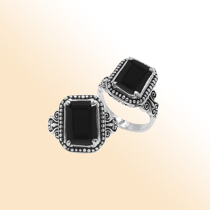 Sterling Silver Balinese Handcrafted Ring With Rectangular Black Onyx Quartz And Designer Detailing