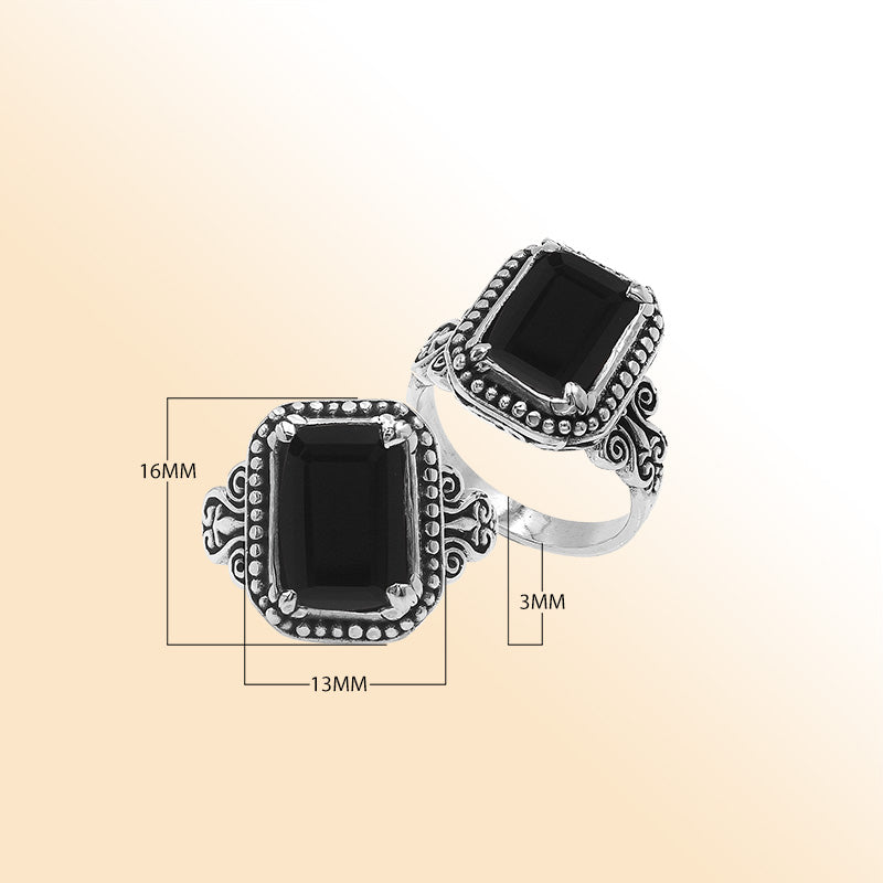 Sterling Silver Balinese Handcrafted Ring With Rectangular Black Onyx Quartz And Designer Detailing
