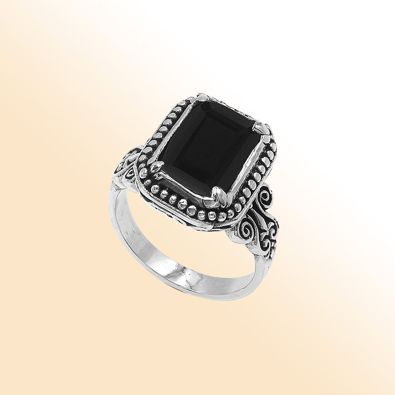 Sterling Silver Balinese Handcrafted Ring With Rectangular Black Onyx Quartz And Designer Detailing
