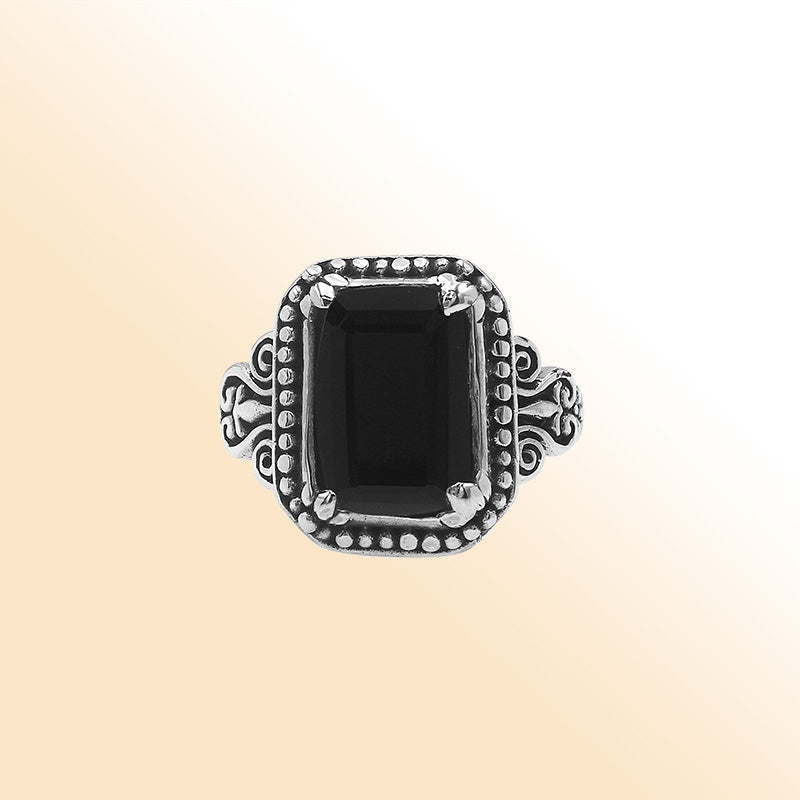 Sterling Silver Balinese Handcrafted Ring With Rectangular Black Onyx Quartz And Designer Detailing