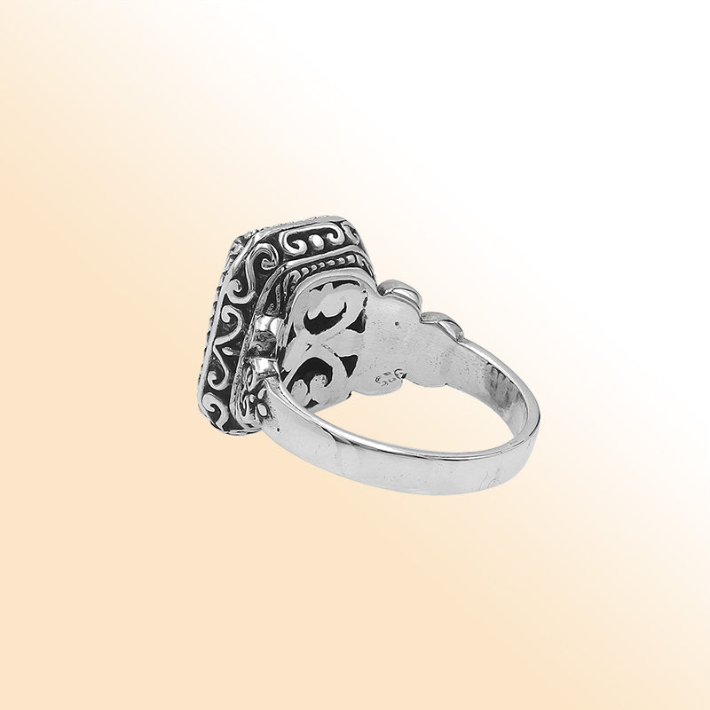 Sterling Silver Balinese Handcrafted Ring With Rectangular Black Onyx Quartz And Designer Detailing