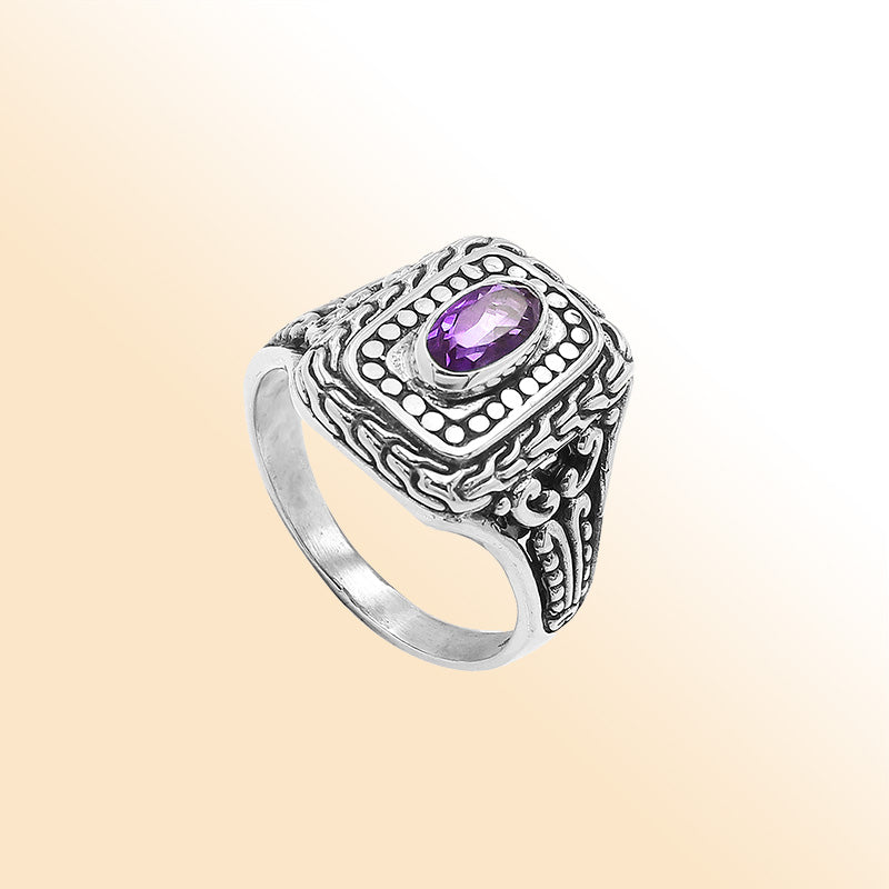 Sterling Silver Balinese Handcrafted Ring With Amethyst Quartz In Rectangular Designer Setting