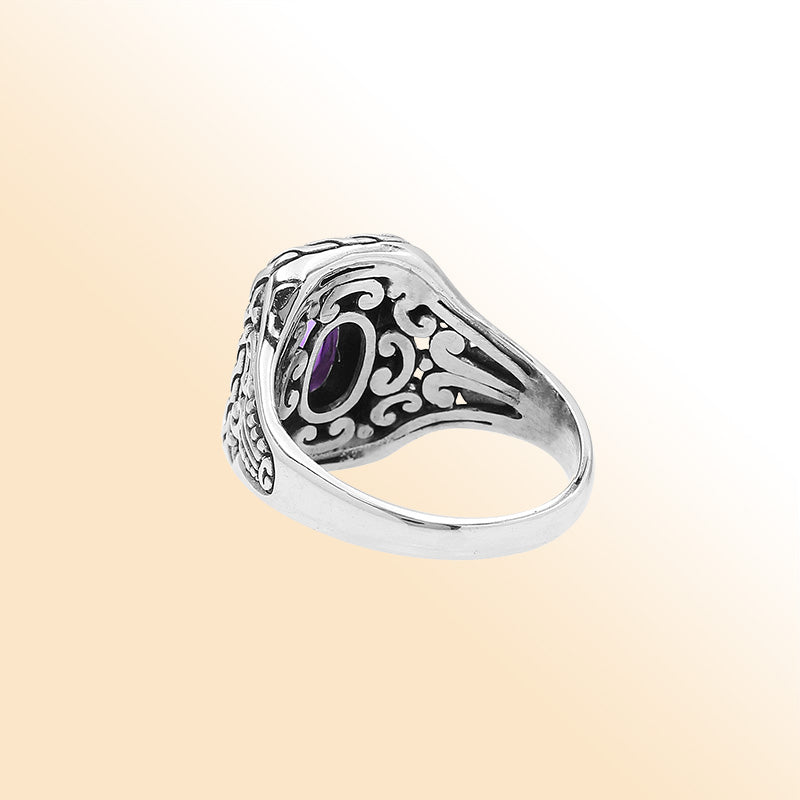 Sterling Silver Balinese Handcrafted Ring With Amethyst Quartz In Rectangular Designer Setting