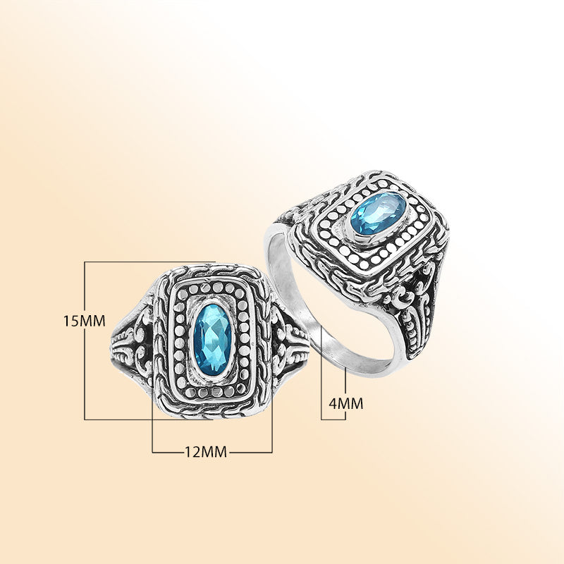 Sterling Silver Balinese Handcrafted Ring With Blue Topaz Quartz In Rectangular Designer Setting