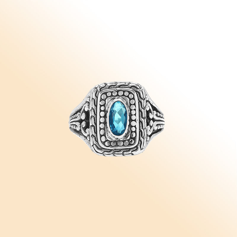 Sterling Silver Balinese Handcrafted Ring With Blue Topaz Quartz In Rectangular Designer Setting