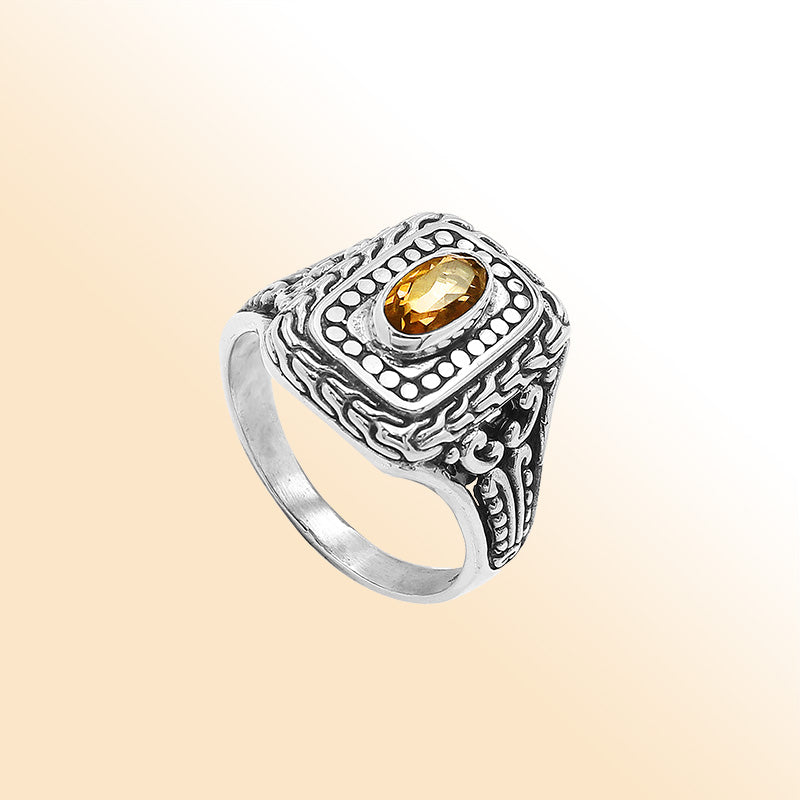 Sterling Silver Balinese Handcrafted Ring With Citrine Quartz In Rectangular Designer Setting