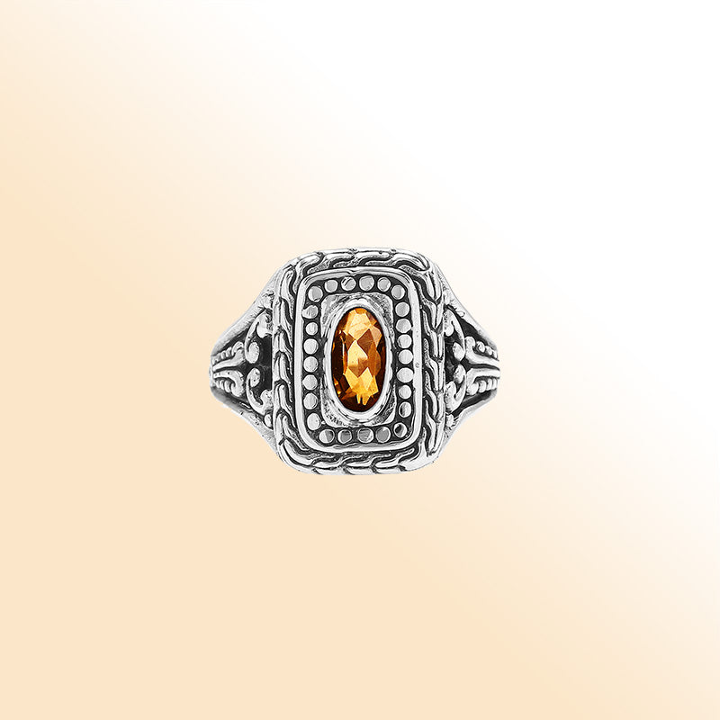 Sterling Silver Balinese Handcrafted Ring With Citrine Quartz In Rectangular Designer Setting