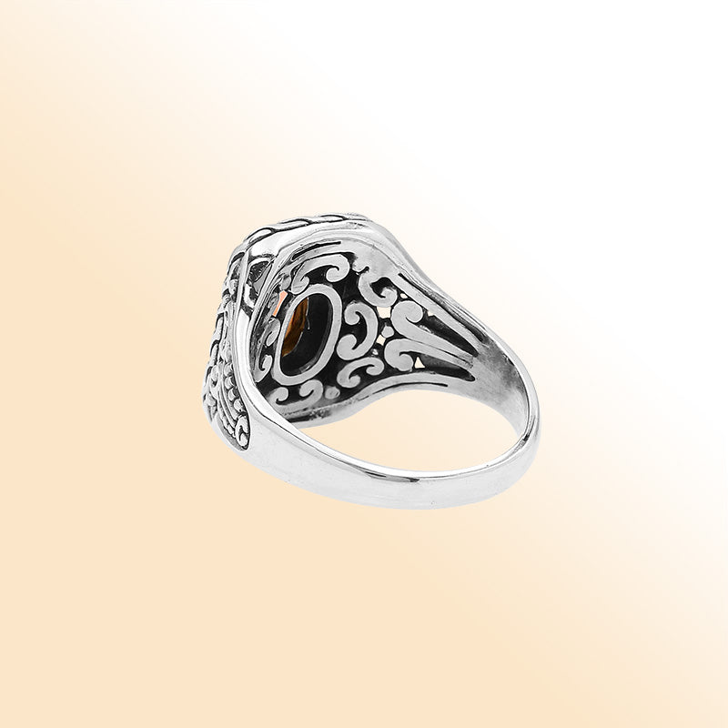 Sterling Silver Balinese Handcrafted Ring With Citrine Quartz In Rectangular Designer Setting