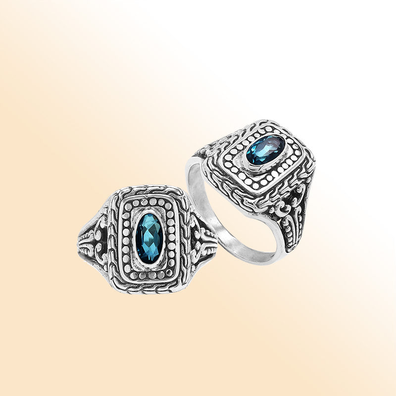 Sterling Silver Balinese Handcrafted Ring With London Blue Topaz Quartz In Rectangular Designer Setting