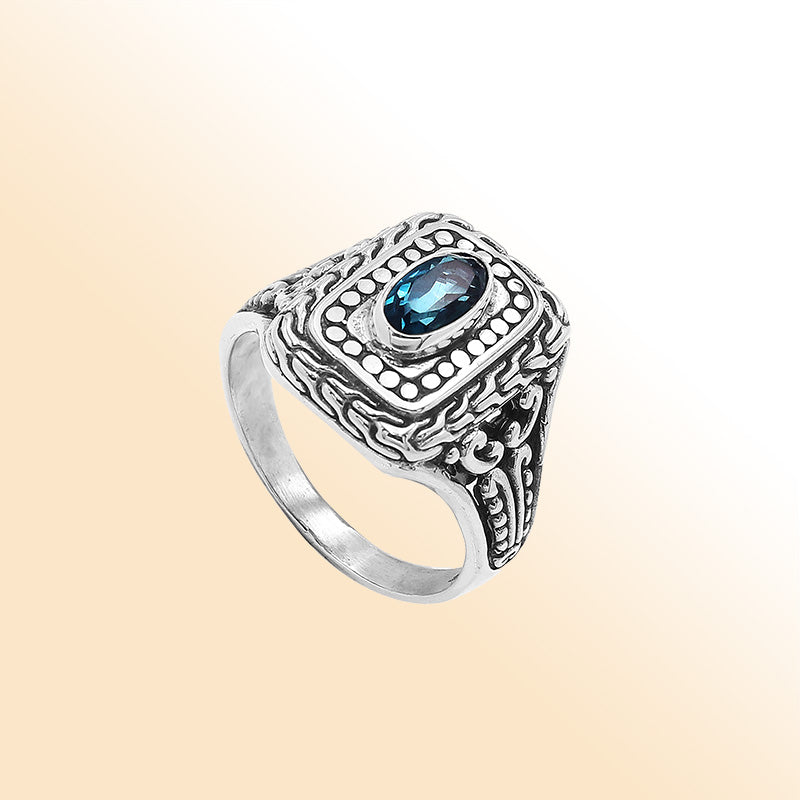 Sterling Silver Balinese Handcrafted Ring With London Blue Topaz Quartz In Rectangular Designer Setting