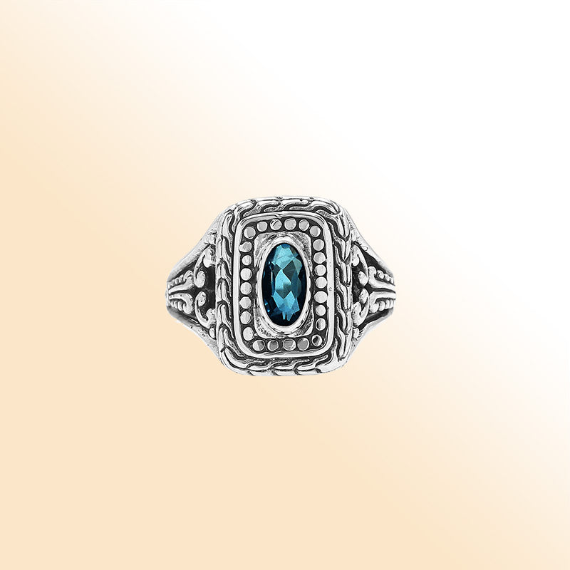 Sterling Silver Balinese Handcrafted Ring With London Blue Topaz Quartz In Rectangular Designer Setting