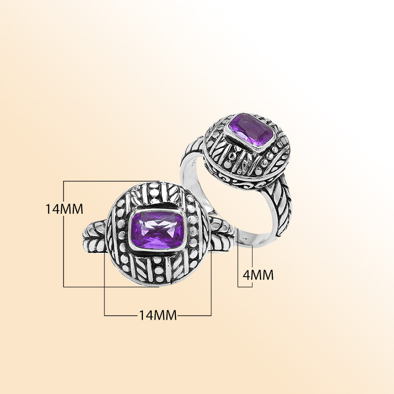 Sterling Silver Balinese Handcrafted Ring With Amethyst Quartz In Round Designer Setting