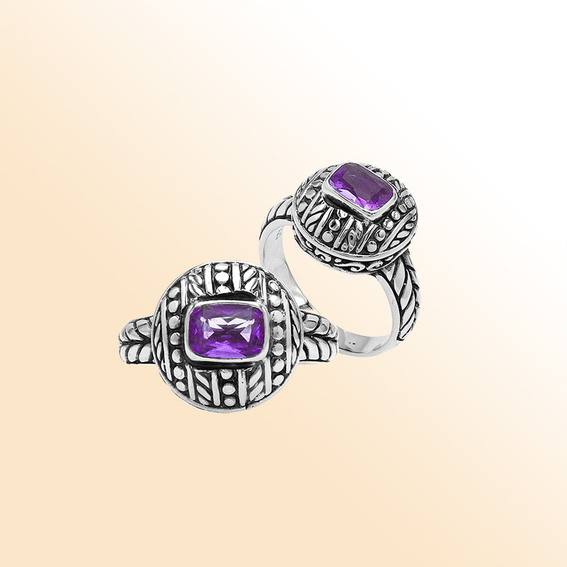 Sterling Silver Balinese Handcrafted Ring With Amethyst Quartz In Round Designer Setting