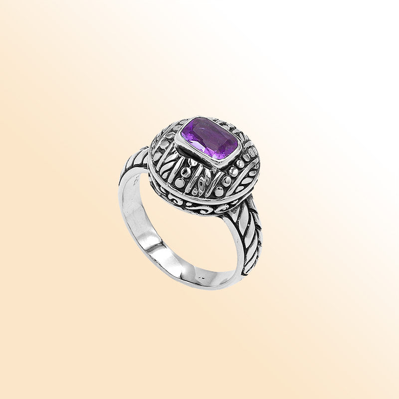 Sterling Silver Balinese Handcrafted Ring With Amethyst Quartz In Round Designer Setting