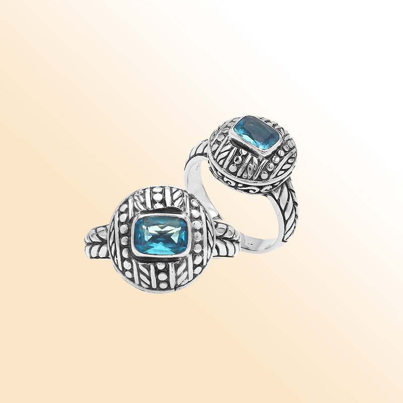 Sterling Silver Balinese Artisan Ring With Blue Topaz Quartz For Women