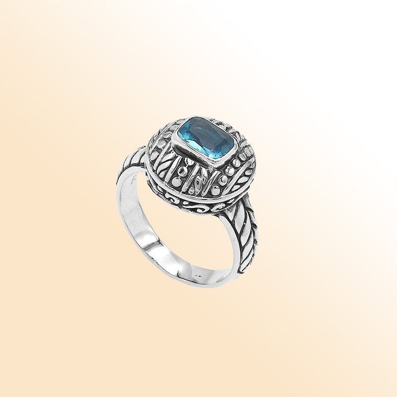 Sterling Silver Balinese Artisan Ring With Blue Topaz Quartz For Women