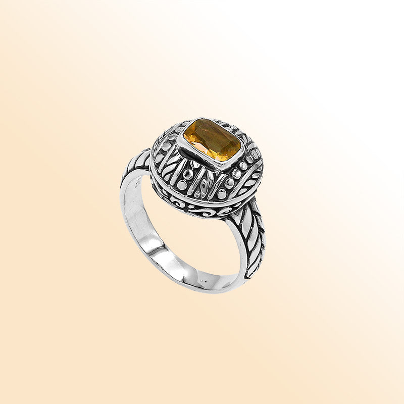 Elegant Sterling Silver Citrine Quartz Ring With Balinese Design