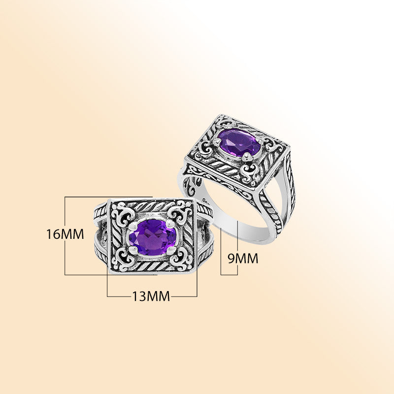Elegant Sterling Silver Rectangular Amethyst Quartz Ring With Balinese Design