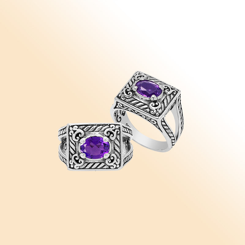 Elegant Sterling Silver Rectangular Amethyst Quartz Ring With Balinese Design