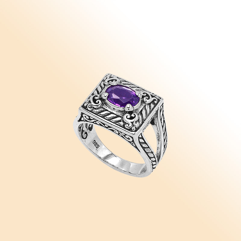 Elegant Sterling Silver Rectangular Amethyst Quartz Ring With Balinese Design