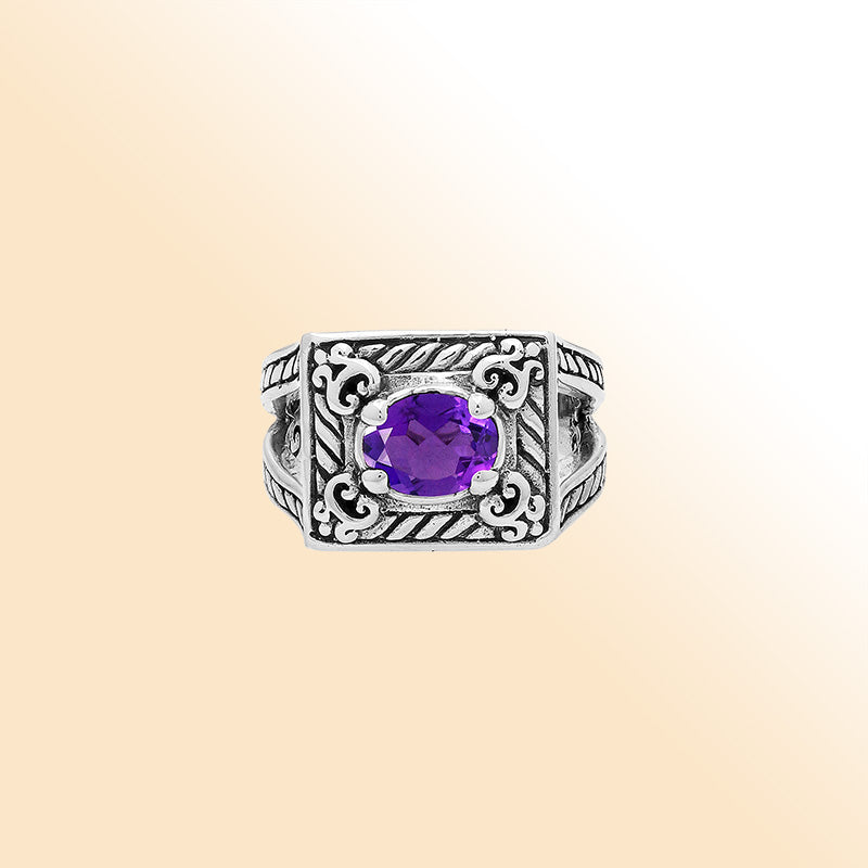 Elegant Sterling Silver Rectangular Amethyst Quartz Ring With Balinese Design