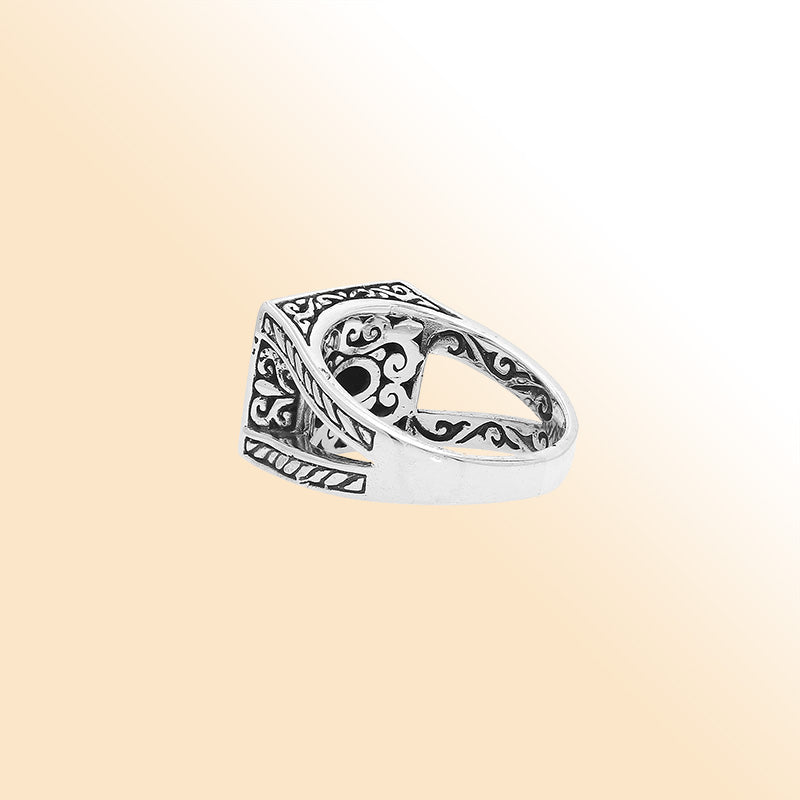Elegant Sterling Silver Rectangular Amethyst Quartz Ring With Balinese Design