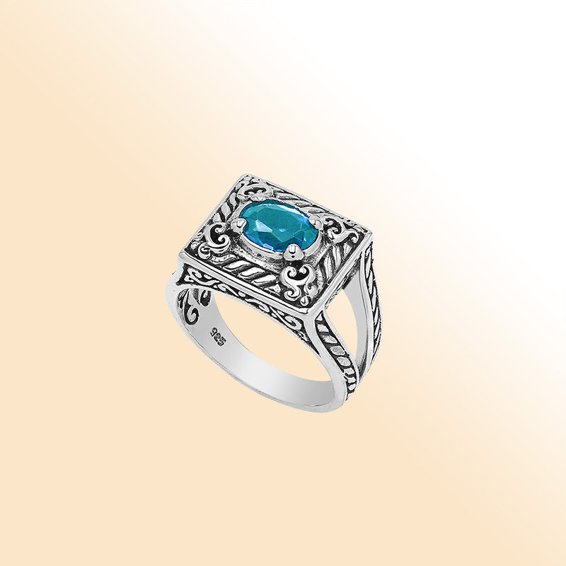Elegant Sterling Silver Rectangular Blue Topaz Quartz Ring With Balinese Design