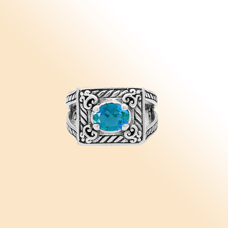 Elegant Sterling Silver Rectangular Blue Topaz Quartz Ring With Balinese Design