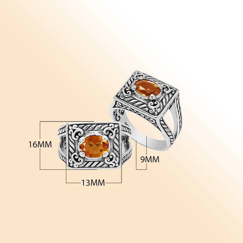 Elegant Sterling Silver Rectangular Citrine Quartz Ring With Balinese Design