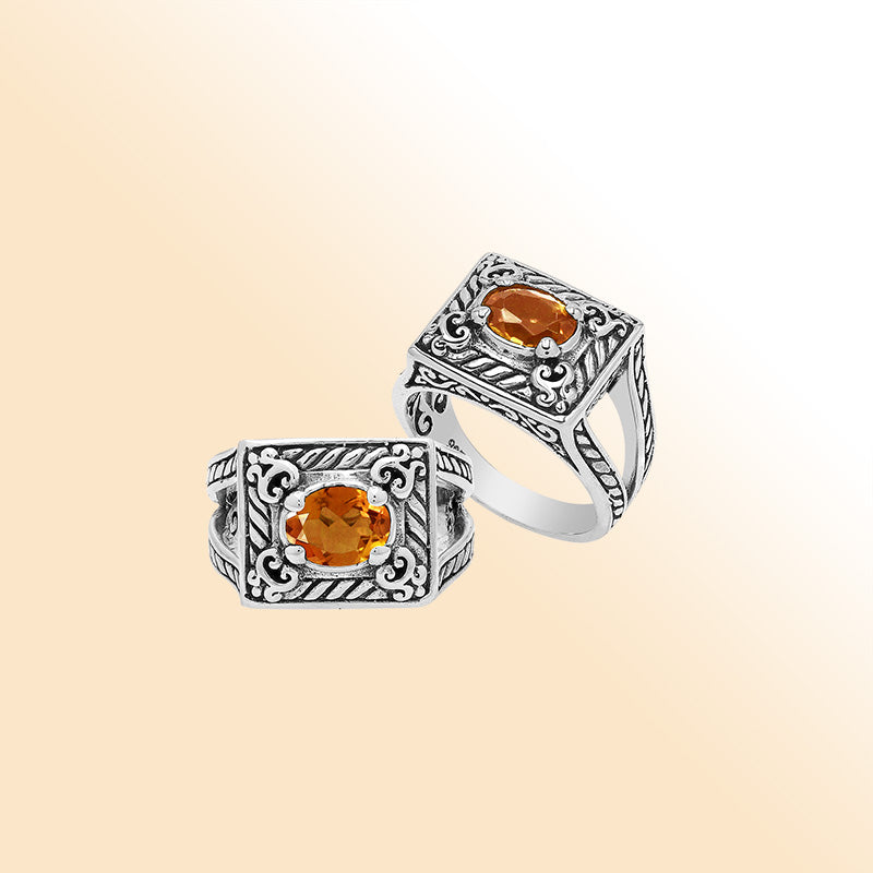 Elegant Sterling Silver Rectangular Citrine Quartz Ring With Balinese Design