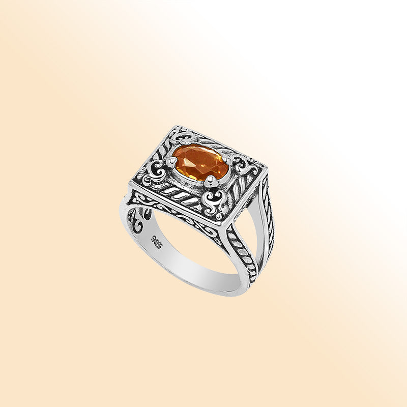 Elegant Sterling Silver Rectangular Citrine Quartz Ring With Balinese Design