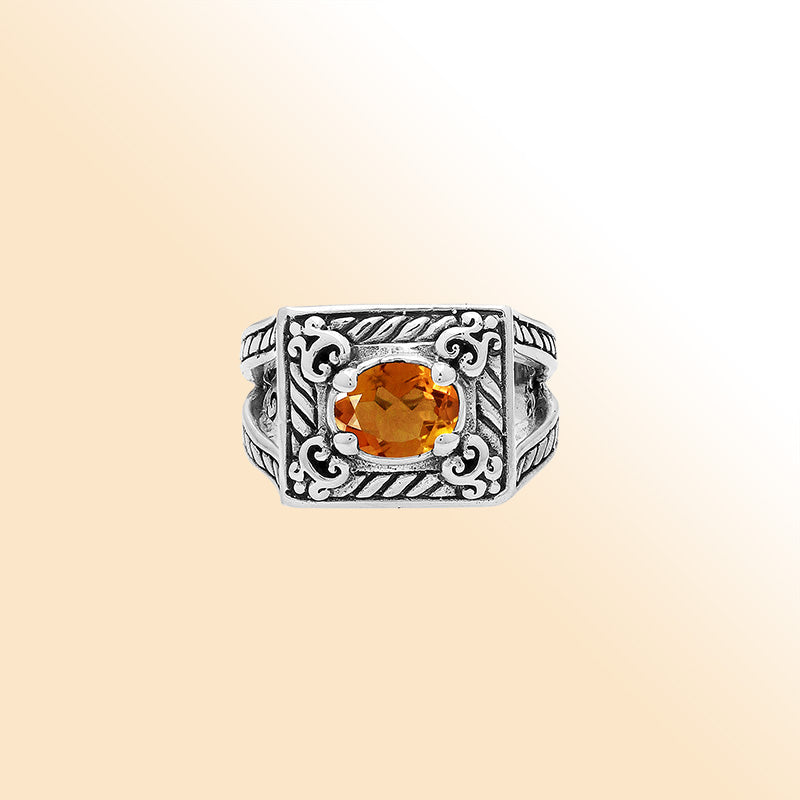 Elegant Sterling Silver Rectangular Citrine Quartz Ring With Balinese Design