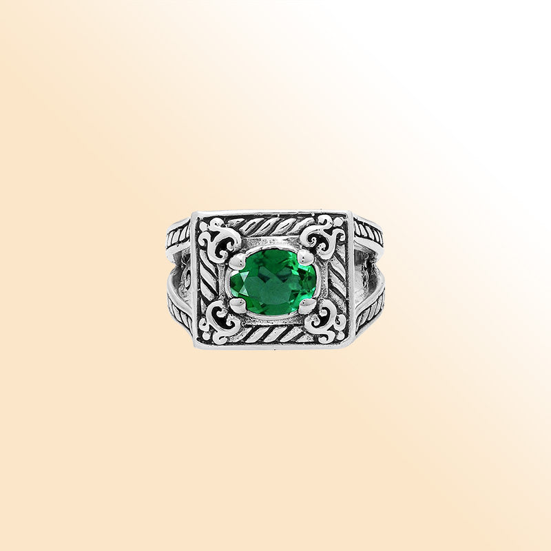 Elegant Sterling Silver Rectangular Green Quartz Ring With Balinese Design