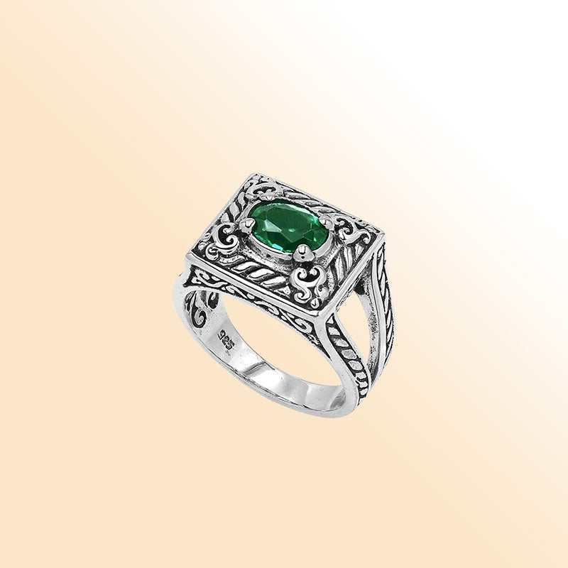 Elegant Sterling Silver Rectangular Green Quartz Ring With Balinese Design